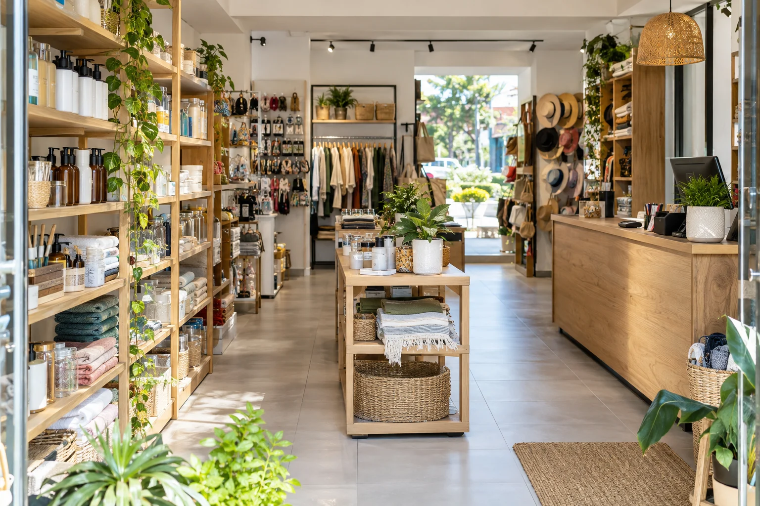 Interior luminoso de una tienda con estanterías organizadas